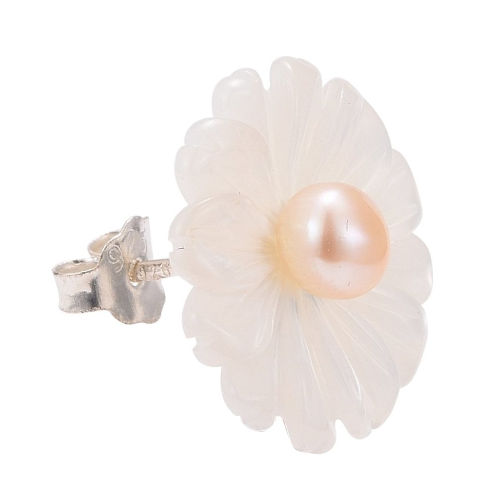 NWOT- Shell and Natural Pearl with 925 sterling silver flower daisy stud earring - Picture 3 of 5